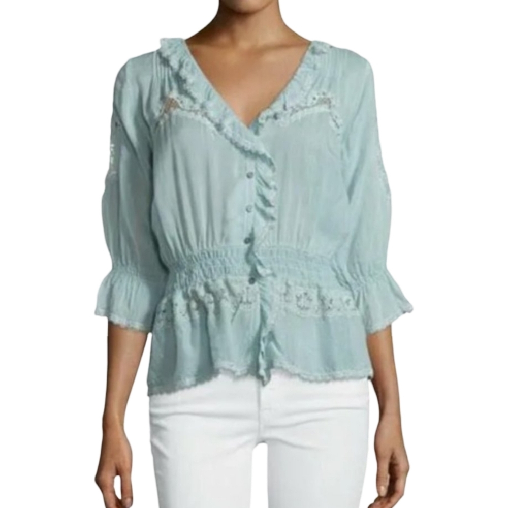 Johnny Was Seafoam Lace Peplum Cardigan Blouse Size Medium